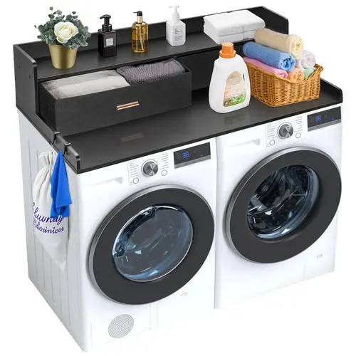 【toolupgrade】VEVOR Wooden Washing Machine Dryer Countertop, 54"x27" 2-Drawer Laundry Topper with 2-Tier Shelf, Non-Slip Pads, Water-Resistant for Laundry Room Organization, Black