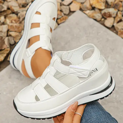 Women's Fashionable Plain Color Velcro Wedge, Casual Comfortable Soft Sole Sandals Wedges for Summer, Female All-match Round Toe Shoes for Daily Wear Footwear