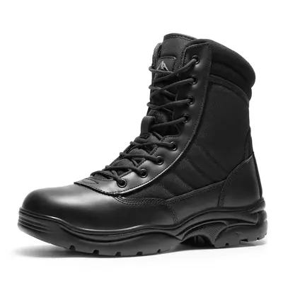 【SohoChic】NORTIV 8 Men's TROOPER Breathable Tactical Work Boots, Leather Side-Zip Design with Ankle Support and Non-Slip Sole for Hiking, Work Protective Shoes, Fishing, Camping, Men's Shoes, Round Toe, Laces, Outdoors, Walking Shoes, Footwear, Plai