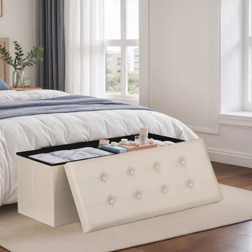 Segawe 43-Inch Foldable Storage Ottoman Chest, Beige Indoor Furniture Stool, for Living Room & Small Room Organization, Living Room Use,sohochic