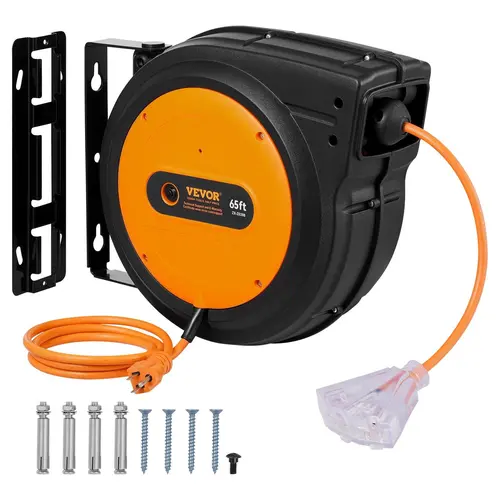 【toolupgrade】VEVOR Upgraded Automatic Retractable Extension Reel, Heavy-Duty 3C SJTOW Power Cord with Lighted Triple Tap Outlet, Circuit Breaker, Swivel Bracket for Ceilings, 4.5 ft Lead-In Cord, 65ft Length, UL-Tested Power Tool Accessory, Retractable E
