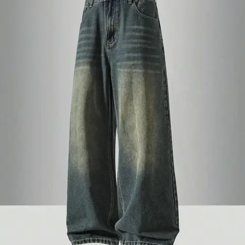 Men's vintage washed medium wash oversized loose straight-leg jeans, Casual Streetwear Jeans, casual four-season street style, zipper fly, plain pattern, Pocket, daily wear leisure denim trousers. If you prefer a looser fit, order one size larger.