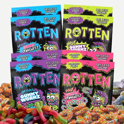 Rotten 8pk Gummy Worms & Gummy Cruncheez Sour & Original Sweet Candy Snacks 1.8 oz Bags Less Sugar No Artificial Flavors Clean Ingredients Fruit Flavored Chewy Candy - Candied Corn