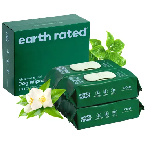 Earth Rated 3-in-1 Pet Grooming Wipes - Grooming Products for Dogs & Cats, Gentle Enough for Daily Wipe-Downs, Pomegranate-Infused for Skin Health, White Tea & Basil Scent, 400 Count