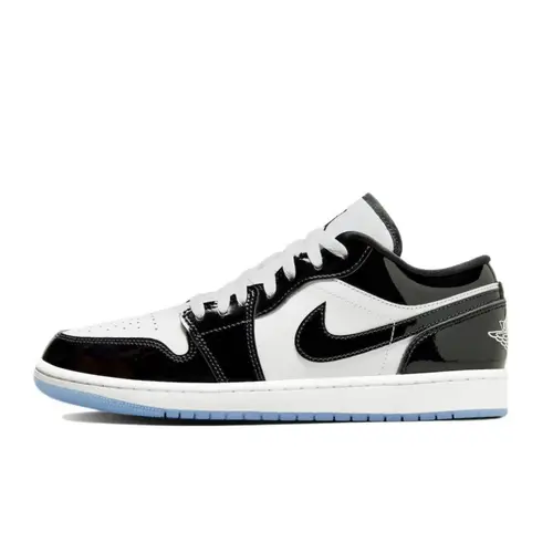 NIKE Air Jordan 1 Low SE Concord Men's Classic Low-Top Basketball Shoes - Patent Leather Sports, Cushioned Walking, Casual Trainer, Black Patent, True to Size, Translucent Icy Outsole