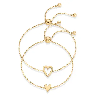 PAVOI 14K Gold Plated Adjustable Matching Bracelets for Women – Heart Charm and BFF Friendship Styles