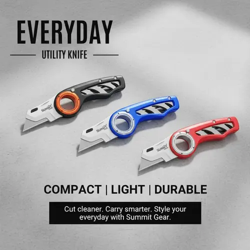 SUMMIT GEAR EDC Folding Utility Knife, Aluminum Handle Box Cutter with Anti-Slip Finger Loop Grip, 3-Position Lock, Belt Clip, 5 Replacement Blades, Heavy Duty Compact Portable Tool Accessories for Home Improvement Work Accessories, Tools And Gadgets