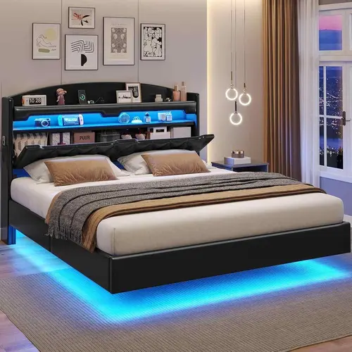 SIKAIC Queen Size Modern PU Leather Upholstered Sturdy Platform Bed Frame - Floating Metal Floating Bed Frame with Color-Changing RGB Lighting, USB Port Charging Station, Storage, Assembly Required Space-Saving Indoor Furniture