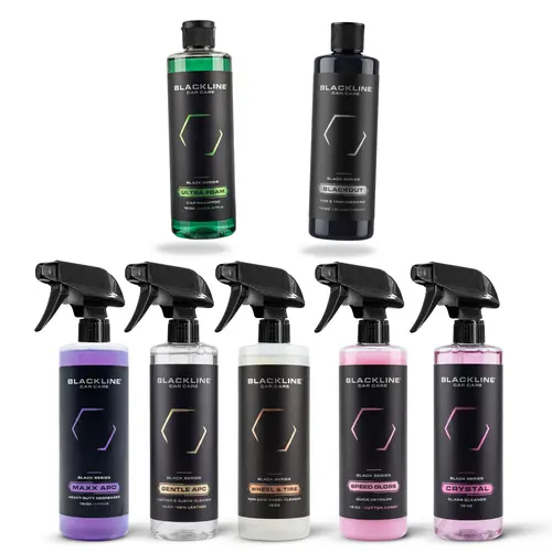 BLACKLINE Professional-Grade Car Detailing Chemical Kit - 6 Essential Liquid Bottles: Foam Wash Soap, Wheel & Tire Cleaner, All-Purpose Cleaner, Glass Cleaner, Blackout Tire & Trim Dressing, Quick Detailer for Cars/Trucks/SUVs Washing