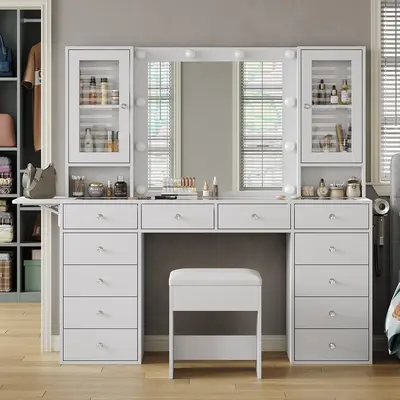 FUSOU 55" Modern Sturdy Makeup Vanity Desk with Large Mirror, 10 LED Lights, 12 Drawers, 2 Cabinets, Fold-up Panel, Waterproof Glass Top, Power Outlet, Chair, Storage [Ships in 2 Packages] for Bedroom