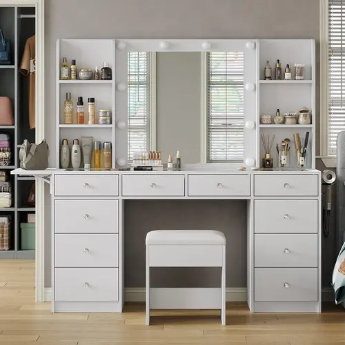 FUSOU 55" Sturdy Stable Makeup Vanity with Power Outlet, LED Lights Mirror, 10 Drawers, 6 Storage Shelves, Fold-Up Panel, Waterproof Vanity Desk with Chair for Bedroom