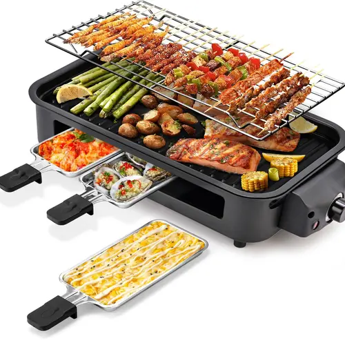 Pukomc 1500W Smokeless Electric Tabletop Griddle Grill - Portable Barbecue, Non-Stick Removable Split-Clean Plate, 3 Pans for Raclette, Roast/Fry in Same, Dishwasher Safe Household Kitchen Appliance for Couples’ Meals, Parties,sohochic