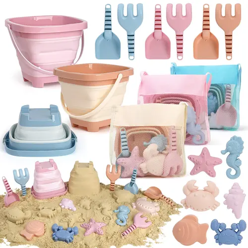 Dreamon Beach Bucket Toys Set for Kids 3-10, Collapsible Sand Buckets with Beach Molds & Mesh Bag, 3 Set Sand Toys for Beach, Summer Vibes, Travel Toys