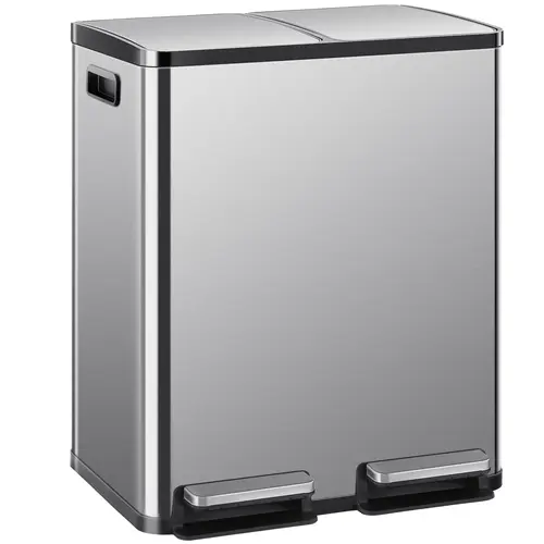 Sweetcrispy 16-Gal (Above 12 L) Stainless Steel Touchless Trash Can - Dual Compartment, Fingerprint-Proof, Waterproof Exterior, Foot Pedal-Pedal Opener Lid, Large-Capacity Waste & Recycling Bin for Home Household Use