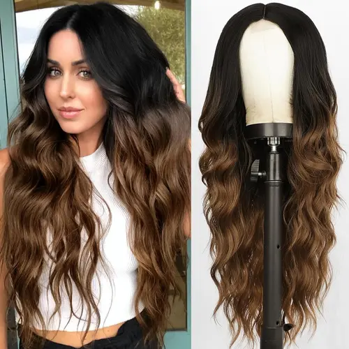 Long Black to Brown Wigs for Women, Long Ombre Brown Curly Wavy Wig,Natural Looking Middle Part Synthetic Wig for Daily Part Use 26 INCH,sohochic