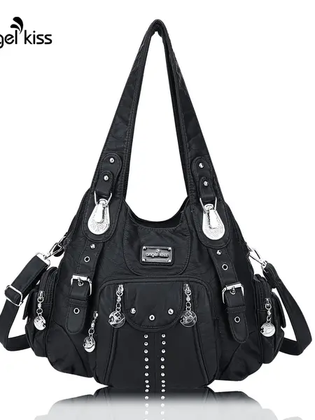 Angel Kiss Women's Leather Crossbody Bag - 13.2"x4.5"x10.7" Medium Size, Soft PU Leather, Adjustable Reinforced Strap, Multiple Pockets, Anti-Theft Back Zipper, for Business & Casual Use