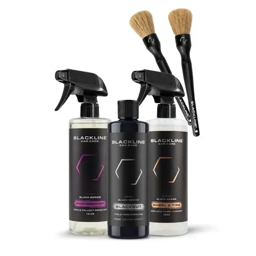 BLACKLINE Pre-Packaged Wheel & Tire Kit Set – Complete Cleaning Kit with Cleaner, Iron Remover, Tire Dressing, Soft Bristles Brush, Mitt, Designed to Clean Wheels Safely, All-in-1 Automotive Detailing Tools