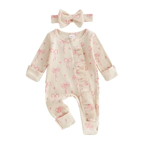Baby Girl Ribbed Pajamas Romper Long Sleeve Ruffle Zipper Bow Floral Print One Piece Jumpsuit Infant Sleeper Newborn Coming Home Outfit Spring Warm Clothes