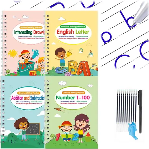 WTADAY Strong Thick Reusable Handwriting Practice Copybook Set (Set of 4) with Magic Ink Fades in 10 Mins, 1 Writing Tool, 6 Refills, Safe Silicone Pen Grip, School Supplies for Kids