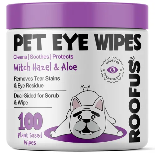 Roofus Natural Pet Grooming Wipes | 100ct | Witch Hazel & Aloe Infused for Dogs & Cats Eye Care