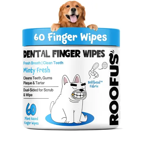 Roofus Natural Dog Dental Wipes | 60 ct | Plaque Removal, Fresh Breath, No Brushing Needed | Scented Pet Oral Wipes
