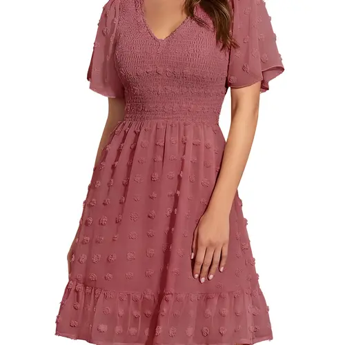 BTFBM Women's V Neck Casual Vacation Dress Short Sleeve Smocked Swiss Dot Ruffle Mini Beach Summer Dress 2026
