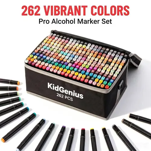 KIDGENIUS Colorful Alcohol Drawing Marker Set - 262/168/120 Teacher-Recommended Dual-Tip Smooth No-Smudge Pens for Kids, Works on Wood,Ceramic,Canvas,Metal, Back to School Art Crafts Gift for 1,000,000 Families (Children's Day,Birthdays)