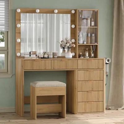 FUSOU 47'' W Fluted Vanity Desk [Shipping By 2 Packages] Makeup Vanity with Power Oultlet, 7 Drawers Vanity with 10 LED Lights and Mirror, 3 Lighting Modes Adjustable, Glass Top, Vanity with Chair for Bedroom, Natural