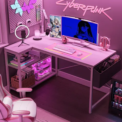 【Back to school】Raybee 47‘‘ RGB LED Lights Carbon Fiber Texture Gaming Desk, Sturdy Computer Desk with 4 Hooks, Gaming Setup for Home Office Use, Study desk for teenagers, Born for Dorm & Apartments & Tiny room, Easy Assembly