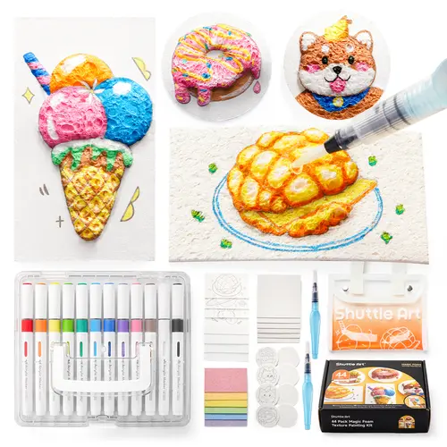 Shuttle Art 105 Pcs Magic Foam Texture Painting Kit Dessert Series: 24 Dessert Foam Pieces, Slime, Clay, Pastry Display Case, 12 Acrylic Paint Markers, Magical 3D Effect DIY Art for Boys and Girls Ages 3-12