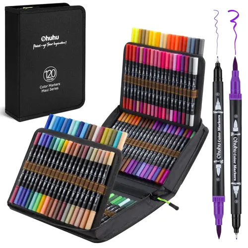 Ohuhu Markers: Brush & Fineliner Dual Tips - 100 Colors - Brush Pens Dual Brush Fine Tip Drawing Pens Water-Based Coloring Markers for Calligraphy Bullet Journal with Carrying Case for Adult Coloring Books - White - Maui Series of Ohuhuart