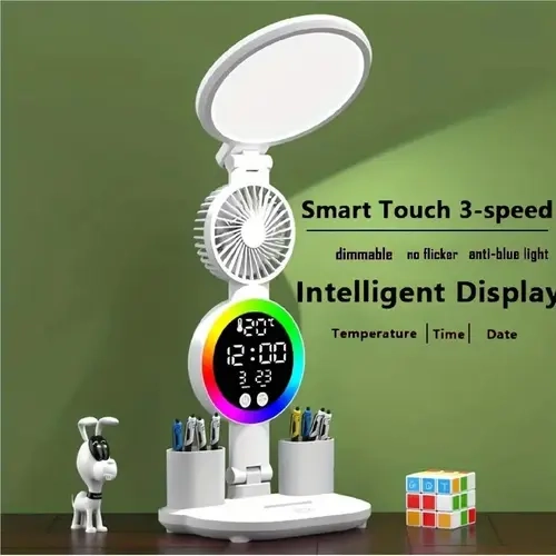 Rechargeable Ambient LED Desk Lamp - 360° Swivel Adjustable, USB Charging, Touch Control, 3-Speed Fan, Intelligent Temp & Time Display, Office Accessories, Nightstand LED, Nightlight for Bedroom