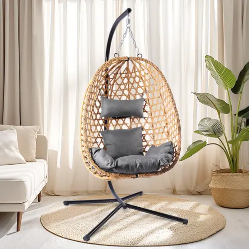 Boho Style Patio Swings with Stand- 350lbs Weight Capacity, Single Hanging Egg Chair with Cushions, Hammock Swing Chair  for Bedroom, Balcony, Garden