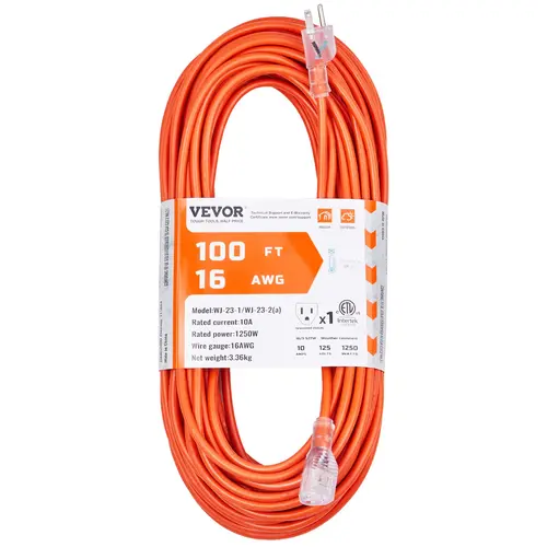 【toolupgrade】VEVOR 100FT Heavy Duty 16AWG Extension Cable - 10A 1250W 125V Sunproof 3-Prong with Lighted End, ETL Listed Copper Core AWG Wires, All-Weather Water Resistant Outdoor Electrical Wire, Durable & Wear-Resistant Father's Day Gift, Sunproof 125V