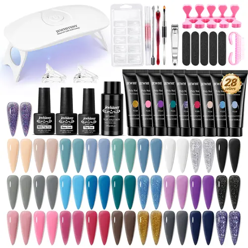 JEWHITENY 28-Color All-In-1 Poly Gel Nail Kit for Manicure & Nail Care, Nude, Gray, Black, Blue, Yellow, Purple, Glitter Shades with Lamp, Base Top Coat, Builder Gel, Salon-Quality Brush (Ideal Gift)