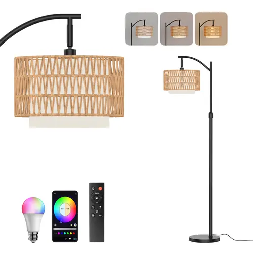 VALLERICO Bohemian Cast Iron Curved Pole Floor Lamp - 3 Color Temperatures, Stepless Dimmer, RGB, Remote & Foot Switch, 360° Rotation Aims Light Where Needed, Modern Mood Lighting for Living Room Design & Decor, Adjustable LED for Home Makeover,SohoChic