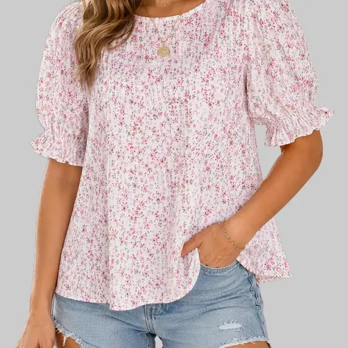 ZEAGOO Women's Cute Floral Print Crew Neck Smocked Puff Short Sleeve Soft Fabric Dressy Casual Top - Thanksgiving Shirts, Trendy Blouses, Spring Fashion, Great Fit, Read Size Chart