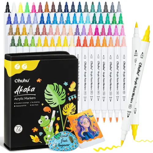 Ohuhu Acrylic Paint Markers: Brush & Fine Dual Tips - 36 Colors / 72 Colors - Paint Pens High Opacity Acrylic Markers Waterproof Lightfast for Christmas Gifts Rock Painting 3D Prints Egg Wood Glass Ceramic DIY Crafts - Akaka Series of Ohuhuart