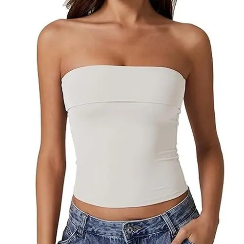 QINSEN Women's Fold-Over Tube Top Double Lined Strapless Bandeau Summer Slim Fit Going Out Tank Tops