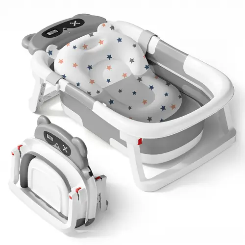 BabyBond Compact Collapsible Baby Bathtub Set - 10.5cm Foldable, Real-Time Temp Monitor, Showerhead Holder, Cutie Cushion, Non-Slip, PP+TPE, for 0-2 Years Infants, Small Baths,sohochic