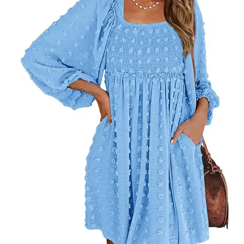 BTFBM Women Square Neck Smocked Dresses 2026 Summer Fall Long Sleeve Swiss Dot Mini Wedding Guest Dress With Pockets #Outdoorfun