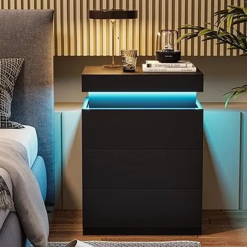 Sikaic LED Nightstand with Charging Station, 3 Drawer Bedside Table with Sliding Top Drawer and USB Ports for Bedroom Furniture