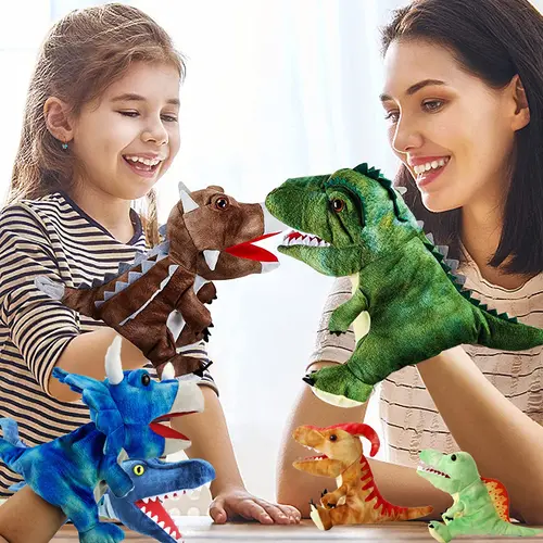 DDEMSMOE Plush Dinosaur Hand Puppets - 11.8 in Stuffed Animal Toys with Open Movable Mouth, Interactive Storytelling Gifts for Birthday, Imaginative Play, Boys