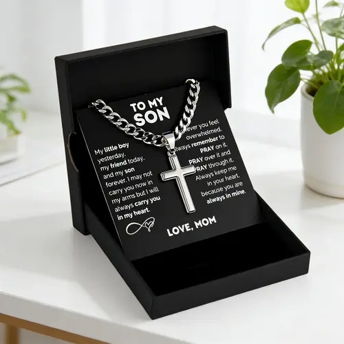 Personalized Stainless Steel Cross Pendant Necklace - 1pc "To My Son" Long Geometric Stainless Steel Jewelry with Metal Coating, Birthday Gift, Card & Gift Box Packaging, Valentine's Day,sohochic