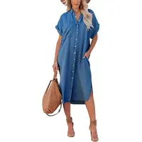 Chouyatou Women's Minimalist Casual Summer Batwing Short-Sleeve Loose Collared Button-Down Soft Cotton Straight Midi Denim Shirt Dress with Hand Pockets, XS