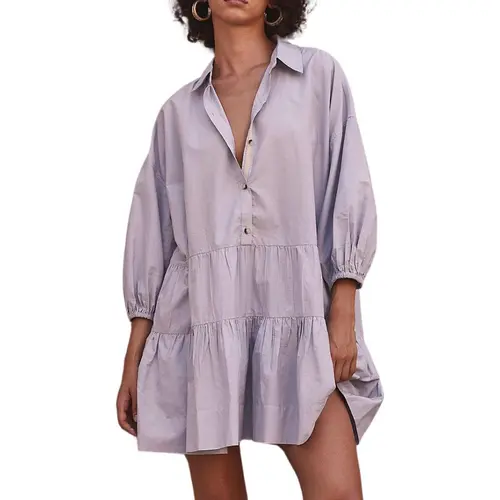 CHOUYATOU Women's Casual Style Sundress with Puff Sleeves & Button Front, Loose Cotton Tiered Mini, Breathable, Solid, Fit, Lady, Piece, Cute, Essential, Tunic, Basic, Sundresses, V Neck, Suit, Fashion Clothing