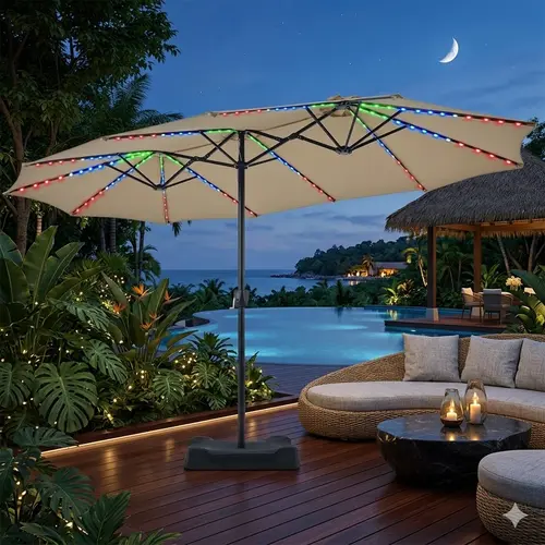 【RGB Lights】Yaheetech 13/15ft Massive 12-Mode Color-Changing  Solar Patio Umbrella UV & Weather Resistant with Multi-Mode LED Lights Strips and Base Stand Triple-Vented Outdoor Umbrella