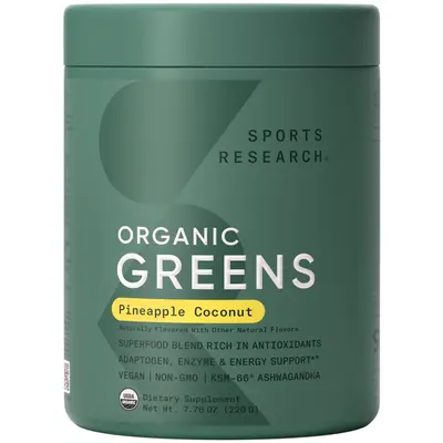 Sports Research® Organic Greens Superfood Powder w/ Spirulina & Chlorella, Adaptogens, Enzymes, Probiotics & 8 Vit Bs for Gut & Mood Support* -Vegan, Sugar-Free & Low-Cal Pineapple Coconut 20 Servings