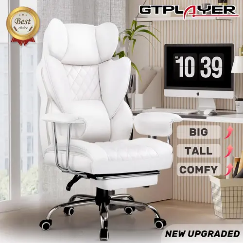GTPLAYER Big and Tall Sturdy Ergonomic Office Desk Chair - Adjustable Seat Height, Wide Seat, Pocket Spring Lumbar Support, Outward Fixed Soft Armrests, Footrest, Leather/Metal Build, for Supportive Sitting & Work From Home Setup (New Year Sale), Ergonomi