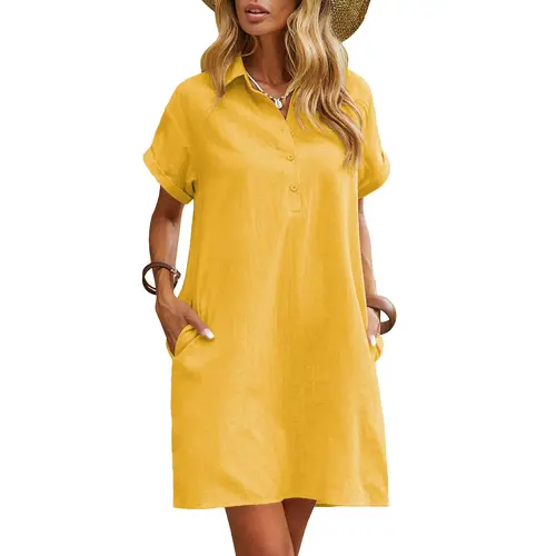 ZEAGOO Women's Basic 100% Cotton V-Neck Short-Sleeve Button-Down Shirt Dress - Casual Minimalist, Above Knee, Hidden Pockets, Soft Breathable, Easy to Shape, Office-To-Beach Ready, Summer Wear